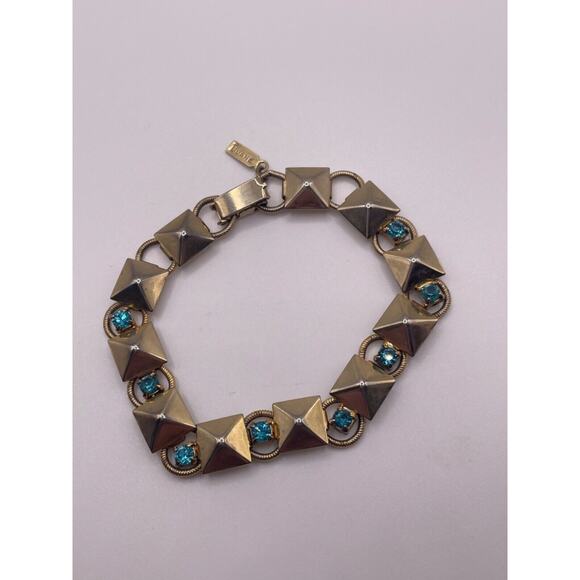 Duane Signed Gold Tone Blue Rhinestone Bracelet - Picture 1 of 4
